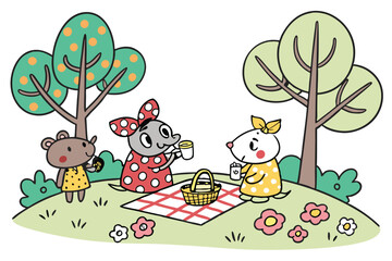 Naklejka premium 18 Whimsical cartoon characters, anthropomorphic animals, colorful outfits, stylized trees, playful activities, children's book illustration style, naive art, hand-drawn aesthetic, diverse creatures, 