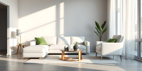 minimalist living room interior mockup, modern furniture and greenly decorative, white sofa and armchair, created by generative ai
