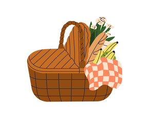Picnic basket with food. Wicker hamper with fruits, flowers. Woven box with baguette, banana, bouquet and checkered tablecloth for outdoor lunch. Flat vector illustration isolated on white background