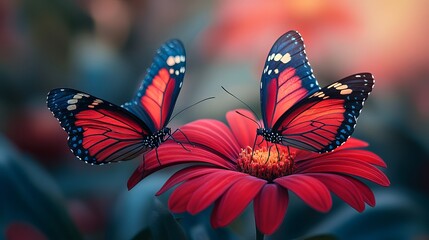 Naklejka premium Two Vibrant Red Butterflies, Their Wings Like Stained Glass, Dancing Gracefully in the Sunlight Amidst Nature’s Beauty
