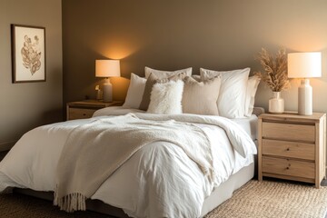 A cozy bedroom with soft taupe walls, white bedding with a plush throw blanket, and wooden nightstands, creating a peaceful