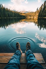 A person sits by a calm lake, feet dangling over the dock, watching the ripples. The sky reflects softly on the waterâ€™s surface 