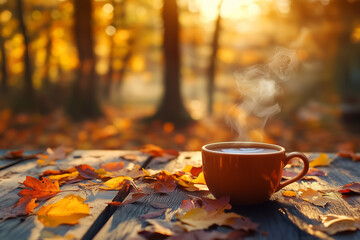 A steaming cup of coffee on an old wooden table, surrounded by warm autumn leaves, creating a cozy and inviting atmosphere.