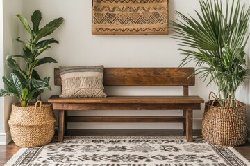 A cozy boho-inspired entryway with a wooden bench, a patterned rug, a woven basket, and a potted palm in the