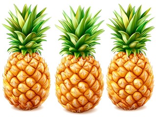 Three brightly colored and detailed pineapples on a white background