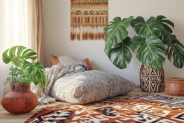 A cozy boho living room with a large floor cushion, a patterned throw blanket, a potted monstera plant, and a