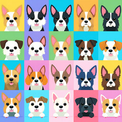Fototapeta premium Group of sitting dogs in different breeds.Running, standing, sniffing, jumping dogs. Isolated on a white background.