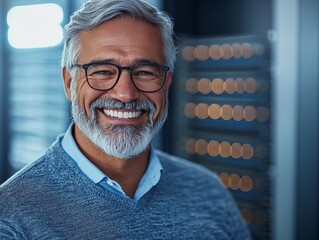 Elderly man with gray beard smiling in a high tech server room with advanced data storage equipment and digital interface reflections