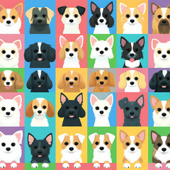 Group of sitting dogs in different breeds.Running, standing, sniffing, jumping dogs. Isolated on a white background.