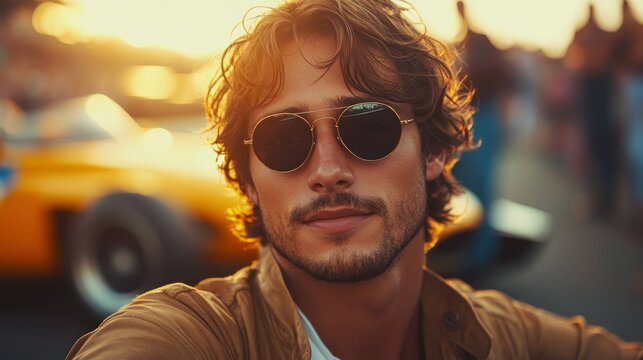 Stylish man at sunset race car event
