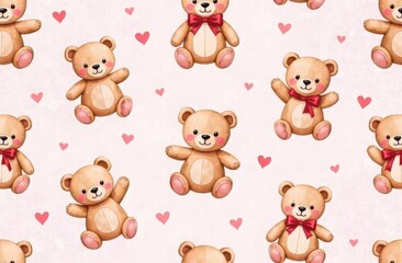 Obraz premium Seamless watercolor pattern with teddy bears and hearts on a pink background