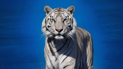 White Tiger, set against a striking pastel blue background. Playful elegance in a modern aesthetic.