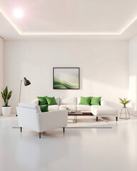 minimalist living room interior mockup, modern furniture and greenly decorative, white sofa and armchair, created by generative ai