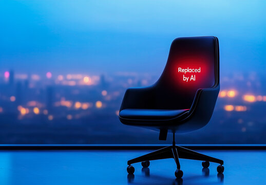 Empty leather chair with Replaced by AI hologram, highlighting AI's impact on leadership roles and workplaces