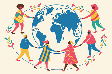20 Colorful illustration, diverse group of people, holding hands, circular formation, global unity, watercolor texture, blue globe, stylized human figures, multicolored outfits, simplified shapes, min