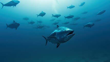Obraz premium A large group of tuna moves fluidly through crystal-clear ocean waters, showcasing their streamlined bodies and vibrant coloration. World Tuna Day