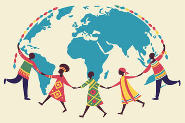 Fototapeta premium 20 Colorful illustration, diverse group of people, holding hands, circular formation, global unity, watercolor texture, blue globe, stylized human figures, multicolored outfits, simplified shapes, min