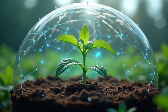 Futuristic concept of plant growth under digital protection with a transparent tech shield, symbolizing biotechnology, sustainable agriculture, and environmental innovation.
