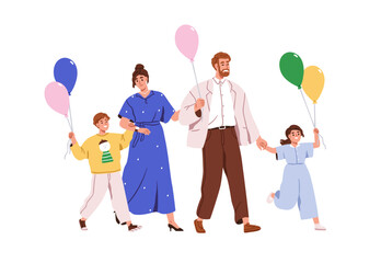 Happy family walking with festive balloons. Parents and children together, smiling, celebrating holiday outdoors. Mom, dad, son and daughter. Flat vector illustration isolated on white background © Good Studio