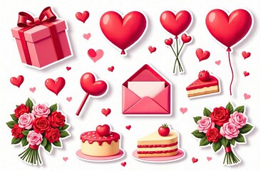 Cute happy valentines day sticker set. Cartoon love romantic elements with hearts for poster and greeting cards. Hand drawn vector illustration