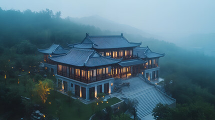 Fototapeta premium Misty Mountaintop Chinese Villa