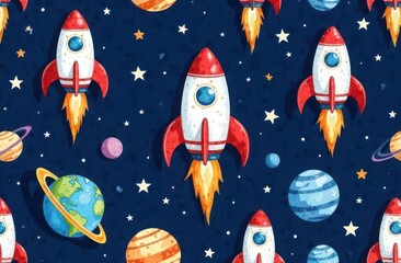 Naklejka premium Seamless watercolor pattern with space, planets and rockets on a dark blue background