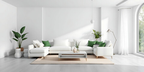 minimalist living room interior mockup, modern furniture and greenly decorative, white sofa and armchair, created by generative ai