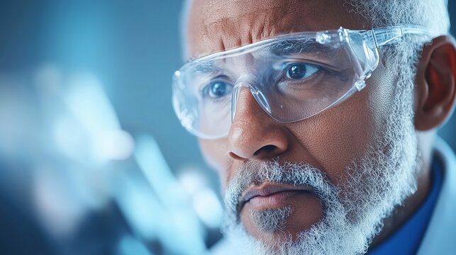 Close-up portrait of a senior scientist with safety glasses in a laboratory. Scientific research, innovation, focus