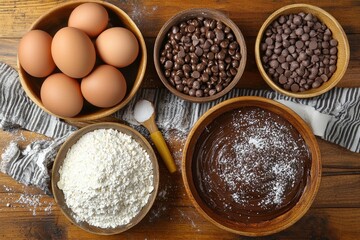 Fototapeta premium Rustic top down view of wooden baking table covered in flour eggs chocolate chips and cocoa powder arranged in cozy homemade baking setting