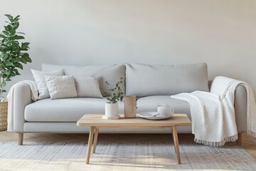 A cozy Scandinavian living area with a light gray sofa, a simple wooden coffee table, and a soft white throw