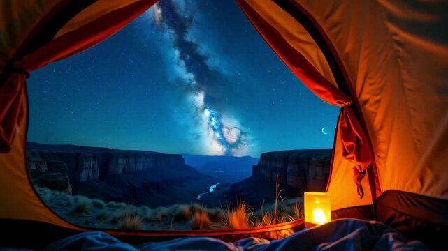 Starry night canyon view with Milky Way seen from inside a tent, cozy nighttime camping scene, generative AI