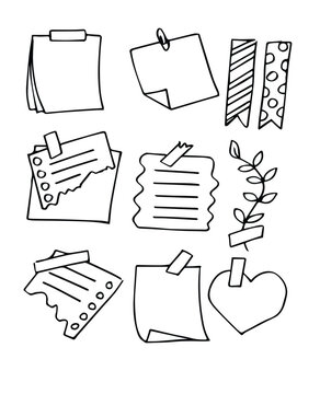 Naklejki Memo sticky notes, sheet reminder, color office or school pages with tape, marks, pin, paperclip frames doodle style.