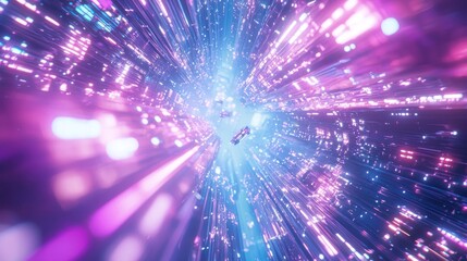 Fototapeta premium Neon City Lights Hyperspace Tunnel: A Futuristic Journey Through Glowing Metropolis