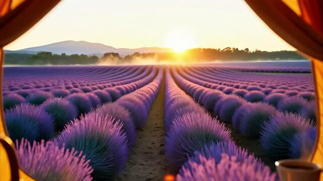 Beautiful lavender field at sunrise viewed from inside a tent, peaceful nature camping scene, generative AI