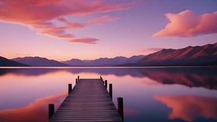 Naklejka premium A beautiful landscape of a lake with a pier in the foreground. The sky is filled with vibrant colors of red, orange, and pink, with a few wispy clouds scattered across the horizon. 