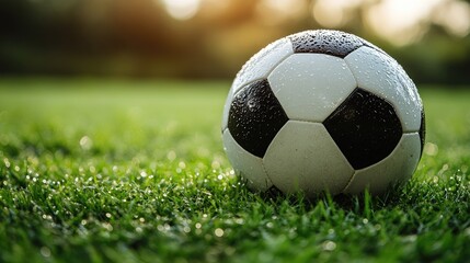 Fototapeta premium A wet soccer ball resting on a grassy field reflecting sunlight and droplets, capturing a serene moment in sport
