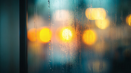 Fototapeta premium Rainy Window With Abstract Bokeh Lights In An Urban Setting With Blurred City Lights And Vibrant Colors