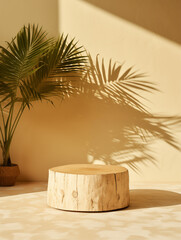 A clean and minimalistic photograph of an organic wooden podium made from a tree stump, set against a soft beige background. suitable as an e-commerce product background