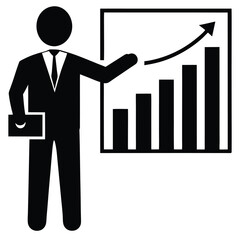 Business presentation, stick figure, bar graph, growth chart, upward trend, professional silhouette, pointing gesture, black and white illustration, minimalist design, corporate concept,