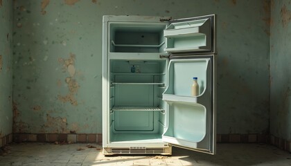 Empty refrigerator stands in abandoned, rundown kitchen. Single milk bottle inside open fridge food insecurity, poverty, hunger, lack of money. Old home interior with peeling paint, broken tiles.