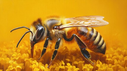 A close-up view of a honeybee collecting pollen on vibrant yellow flowers, highlighting the intricate details of its body and wings