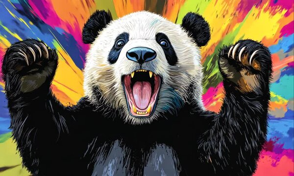 crazy panda bear on colorful vibrant background illustrated animation