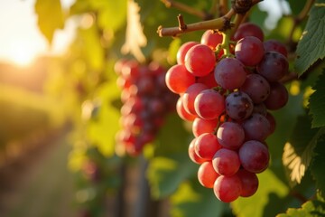 Close-up of ripe red grapes hanging on the vine in a sunlit vineyard, bathed in warm golden sunlight, showcasing fresh fruit, agriculture, and natural beauty