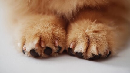 Obraz premium Cutting claws and haircut of dog paws at home, dog grooming, pomeranian care on light background
