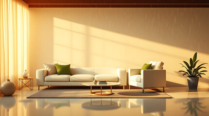minimalist living room interior mockup, modern furniture and greenly decorative, white sofa and armchair, created by generative ai