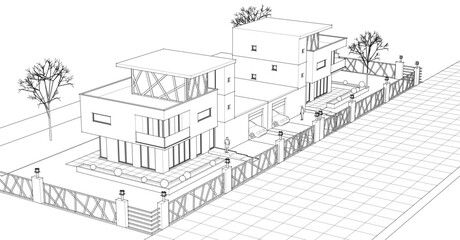  modern townhouse sketch 3d illustration