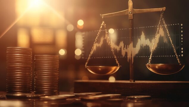 Financial equilibrium, scales of justice, and investment.  A vintage scale, representing balance, sits amidst stacks of coins, with an overlaid stock chart