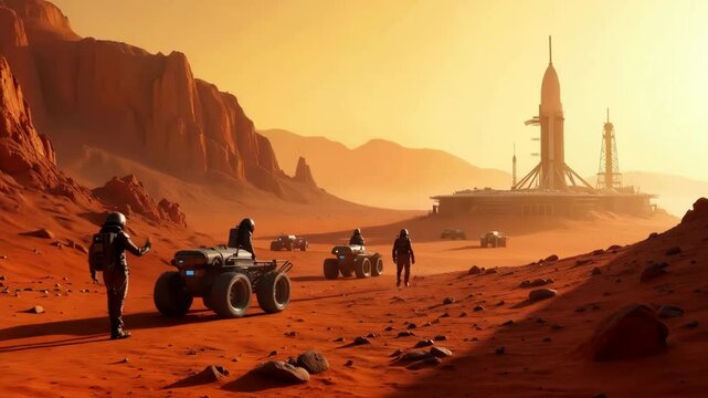 Astronauts exploring Mars with rovers near rocket launch site at sunset. generative AI