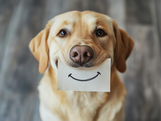 Portrait of a labrador retriever with a piece of paper in its mouth with a doodle smile