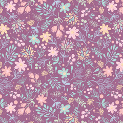 Vintage seamless floral pattern. Liberty style background of small pastel colorful flowers. Small flowers scattered over a white background. Stock vector for printing on surfaces. Abstract flowers.